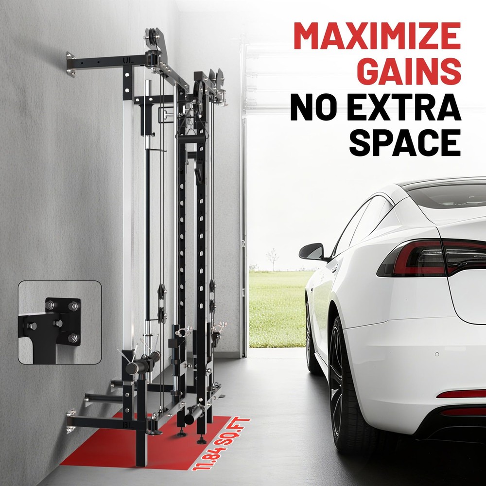 Wall Mount Smith Machine Squat Rack Power Rack with Dual Pulley System Workout
