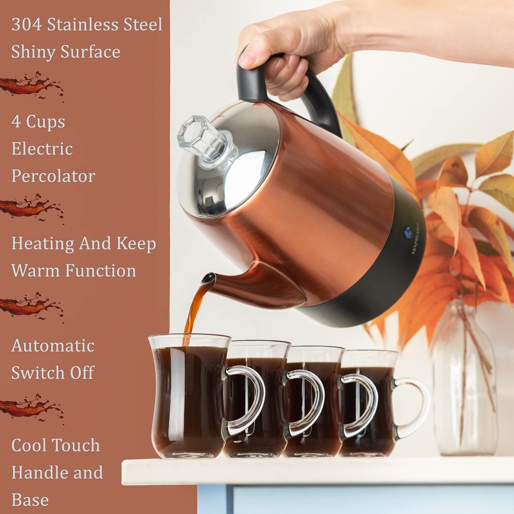 Electric Coffee Percolator 4 Cup Copper Stainless Steel Pot Keep Warm Function
