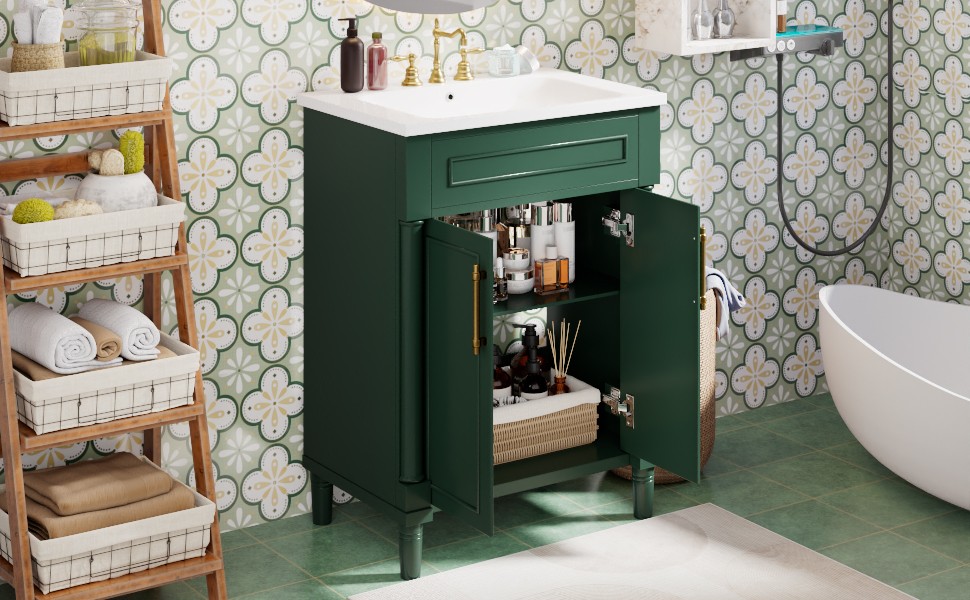 24 in Small Bathroom Vanity w/ Ceramic Sink & 2 Doors, Solid Wood&MDF, Green