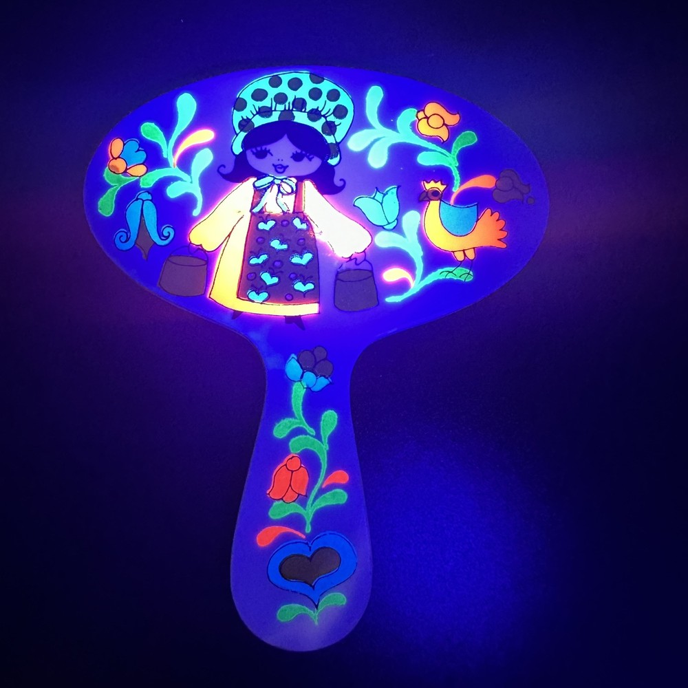 Vintage Tom Fields Tinkerbell Cosmetics Handheld Mirror Groovy Day-Glo