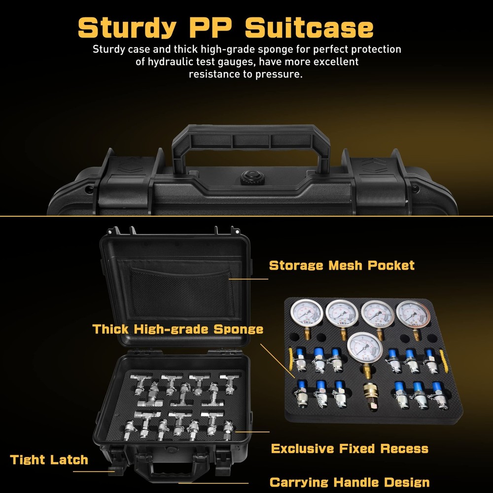 Hydraulic Pressure Test Kit for Excavator, Includes 13 Couplings & 14 Tee Con...