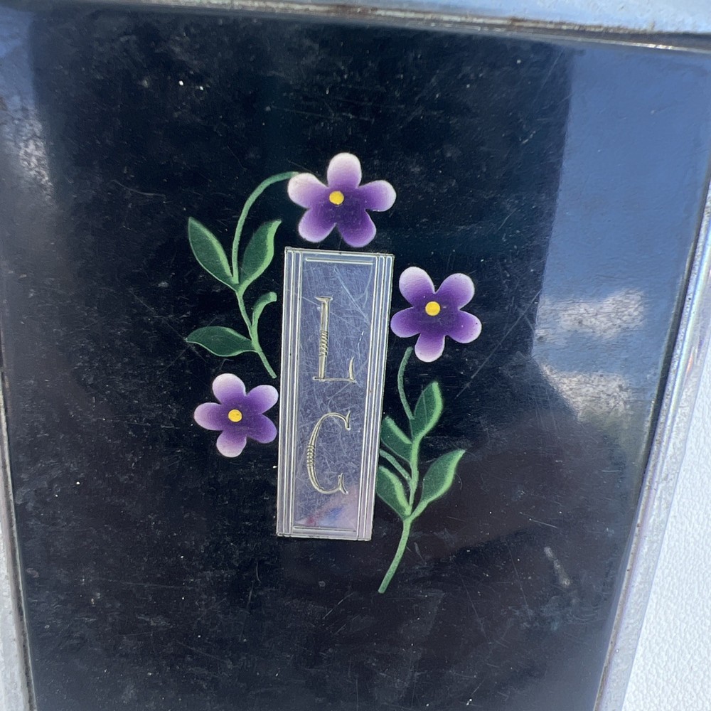 Vintage Ronson Mastercase Cigarette Case & Lighter Black Floral Design