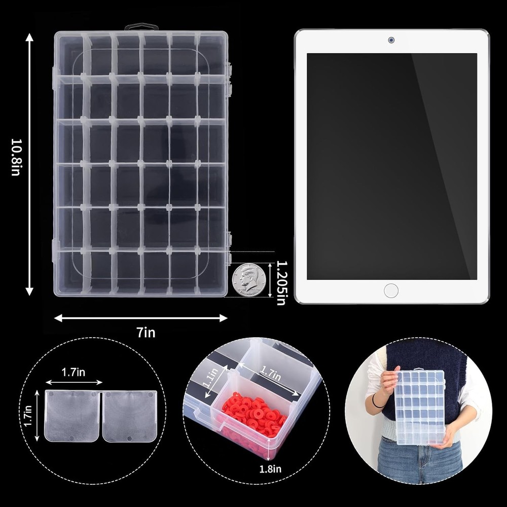 2 Pack Adjustable 36-Compartment Clear Plastic Bead Organizer Box with Stickers