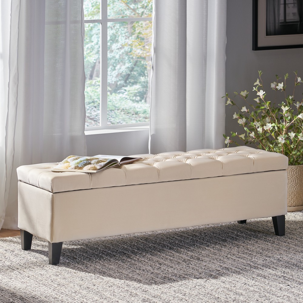 Light Gray Storage Ottoman Bench, Button Tufted Diamond Stitch Extra Seating
