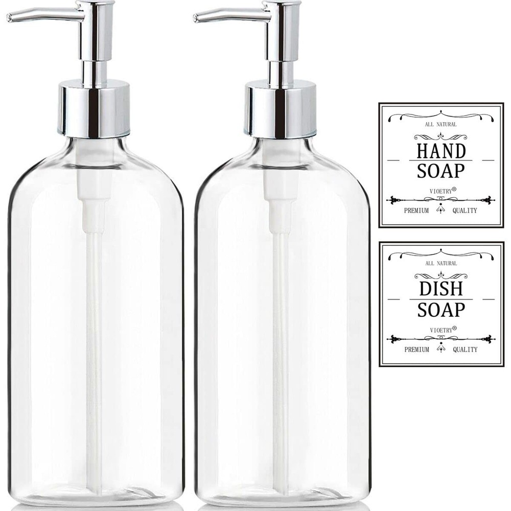 2-Pack Clear Soap Dispenser 16oz w/ Rustproof Pump for Kitchen Bath