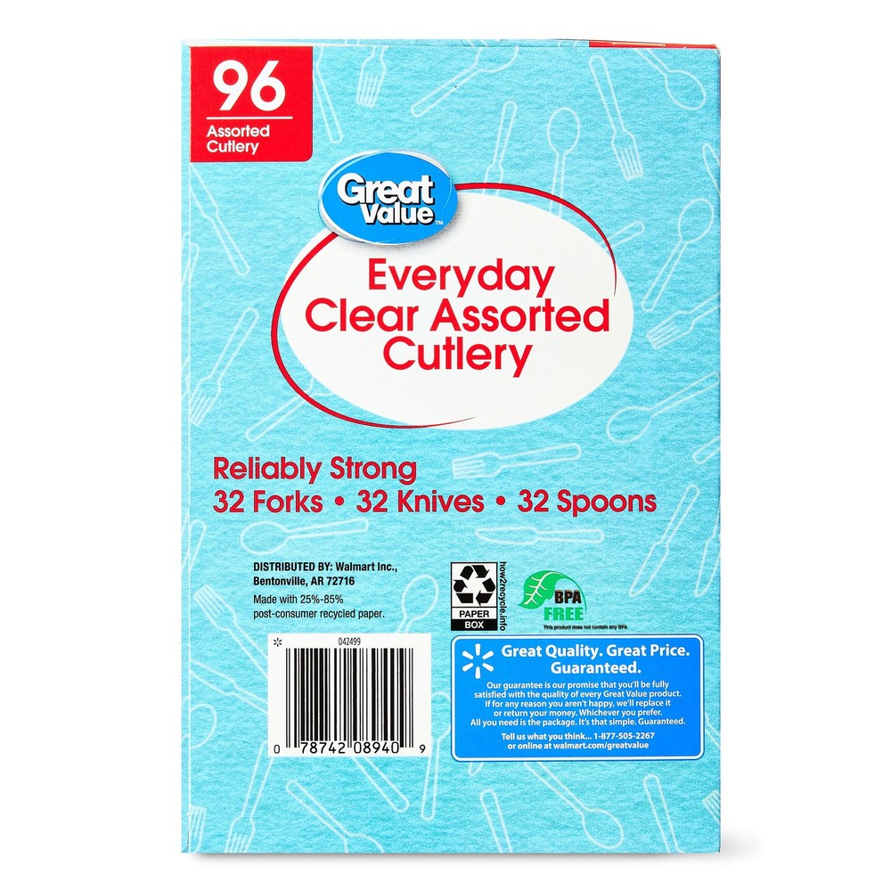 Plastic Everyday Clear Assorted Cutlery, 96 Count includes 32F/32S/32K