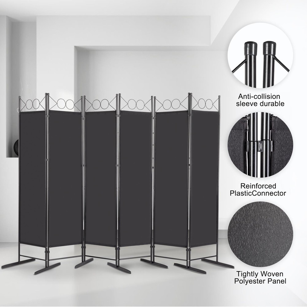 6Ft 6-Panel Metal Folding Room Divider, Modern Freestanding Privacy Partition