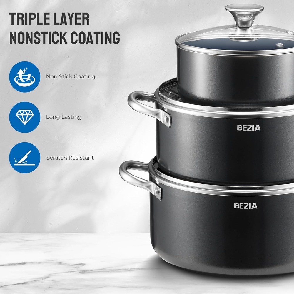 Induction Cookware Set 6-Piece, Stackable Kitchen Cooking Pots Set, 6qt 4.8qt &