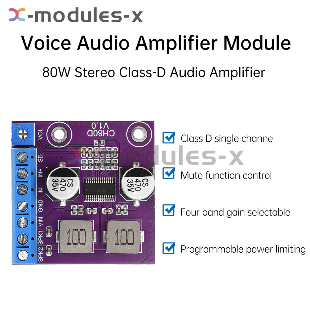80W Stereo Voice Audio Amplifier Module Class D Amplifier Board Player Module