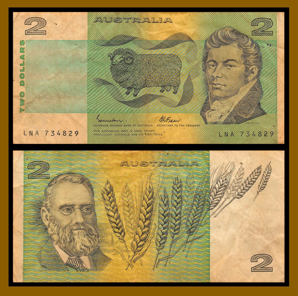 Australia 2 Dollars, 1985 P-43e Johnston/ Fraser Sheep Oat Grain Cir