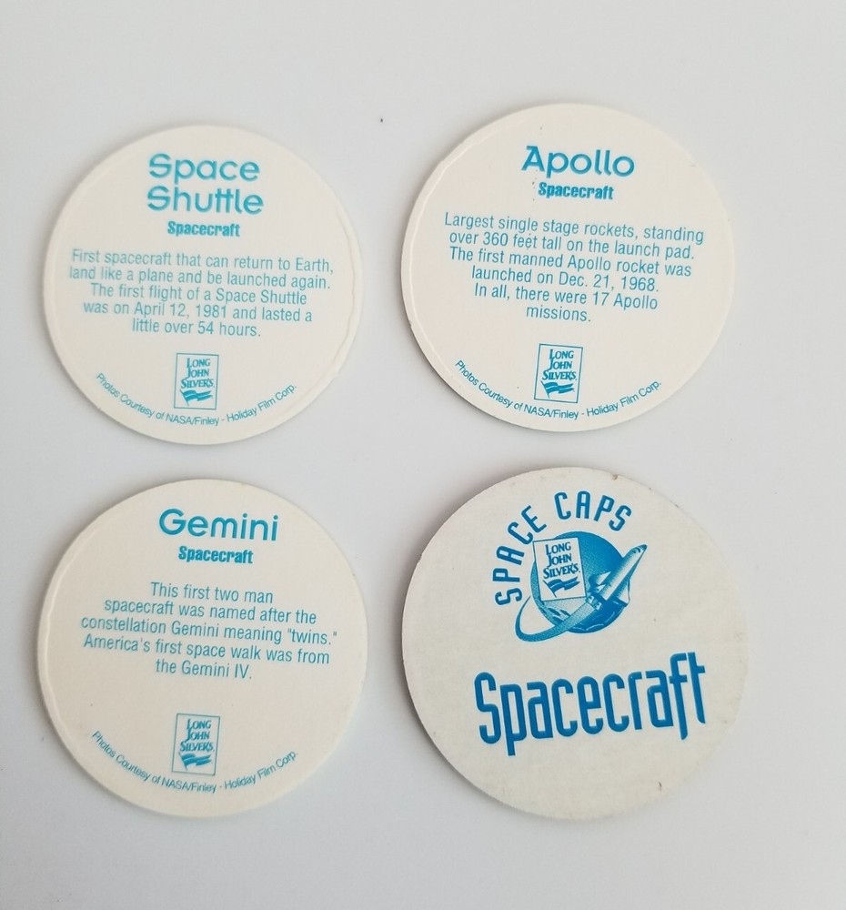 4 Vtg Spacecraft Space Cap Pogs Gemini, Apollo, Space Shuttle, Long John Silvers