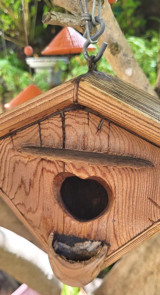 Vintage Triangular Hanging Birdhouse In Solid Oak, Heart Shaped Entry, Good Cond
