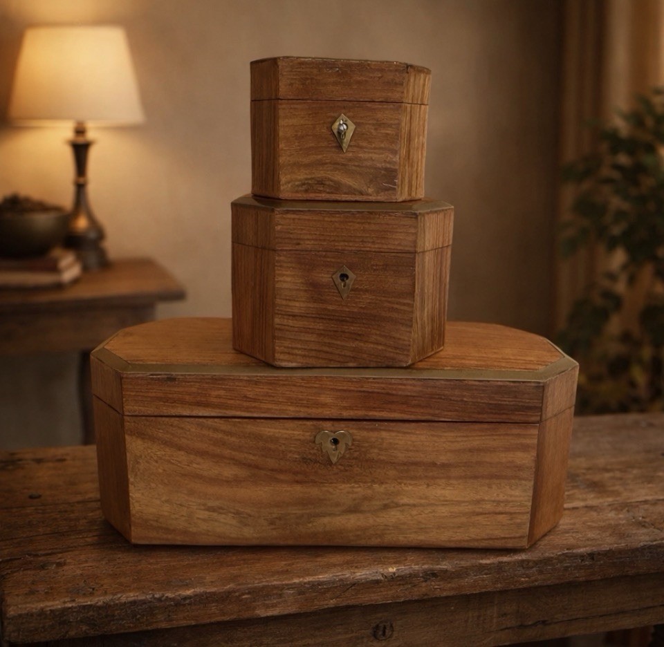 Vintage Foreside 3pc Solid Wood Locking Keepsake Boxes Brass Trim Nesting w/ Key