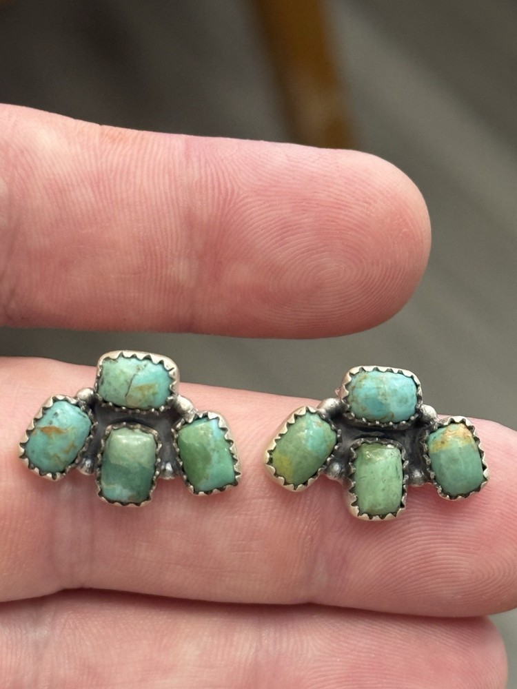 STERLING SILVER TURQUOISE 4 STONE HALF CLUSTER STUD POST EARRINGS .925