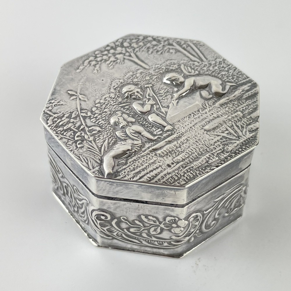 Antique Solid Silver & Gilt Trinket Box Cupid & Cherub Embossed 1899 John Smith