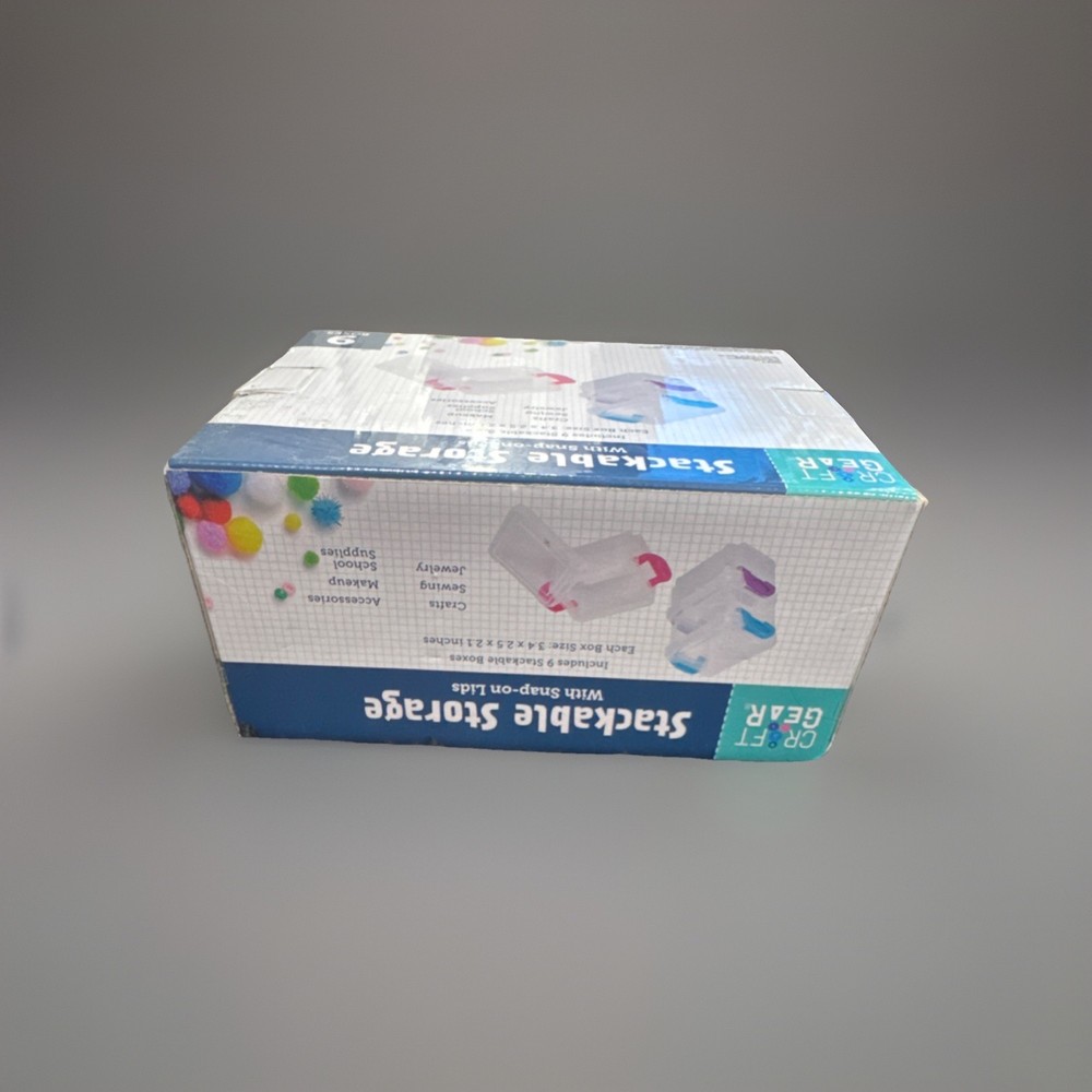 Craft Gear Stackable Storage 9 Plastic Boxes Snap-on Lids Clear Blue Pink Purple