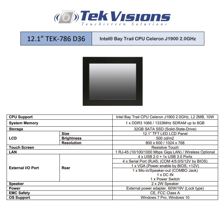 Tek Visions CMP-TEK786-D36 Touchscreen and Touchpanel 12.1'' with PC