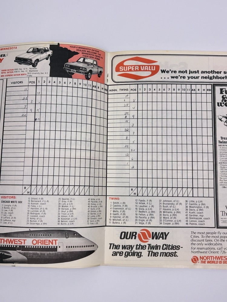 1982 Minnesota Twins Baseball Program & Scorecard Metrodome Vs White Sox