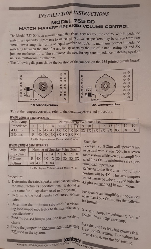 Xantech MATCH MAKER Speaker Volume Control 755W-00 White
