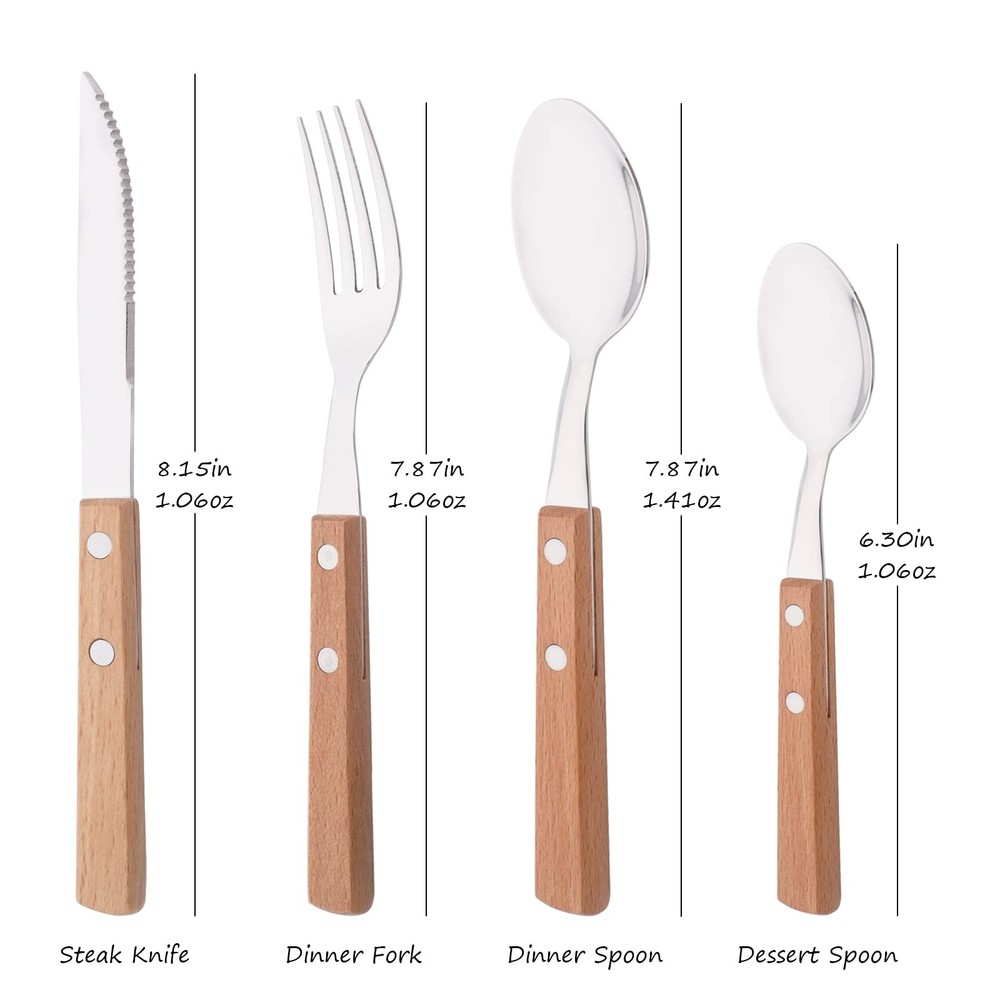 Silver Flatware Set with Natural Wood Handle, 24 PCS Silverware Set for 6, Pr...
