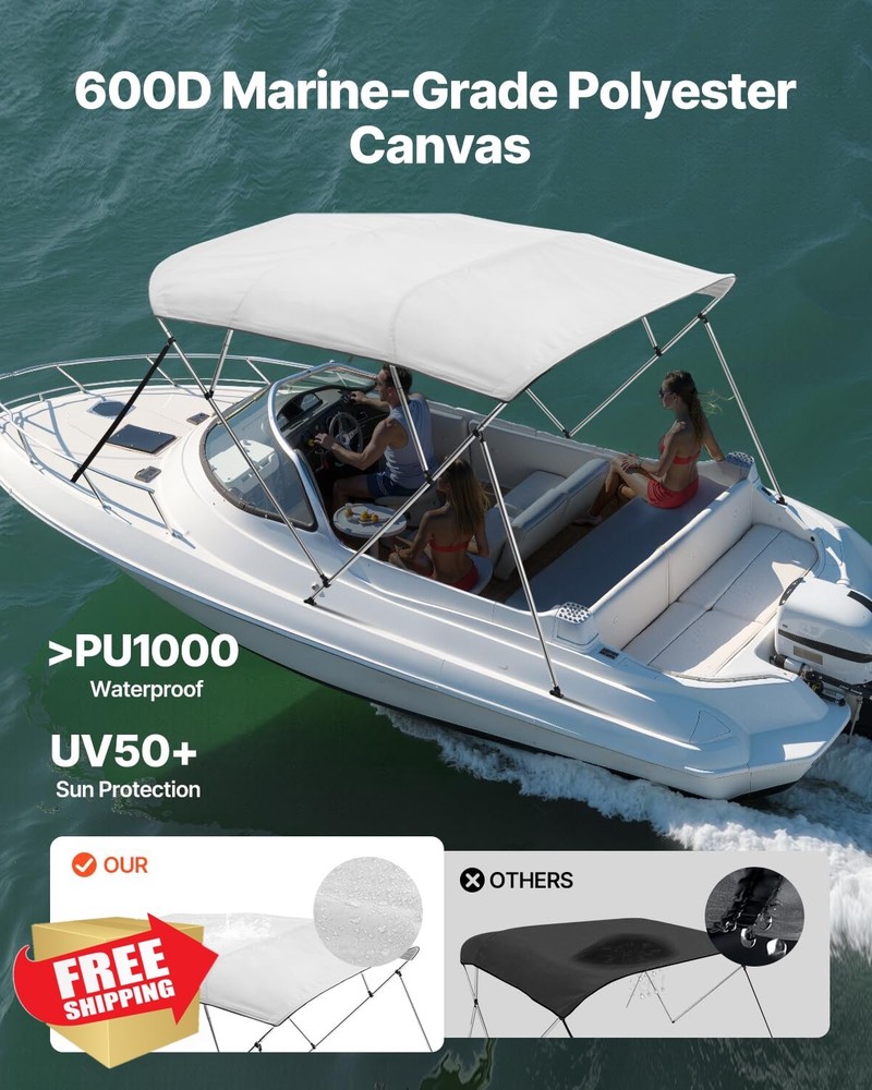 VEVOR 4 Bow Bimini Top 96"L Light Grey Polyester Aluminum