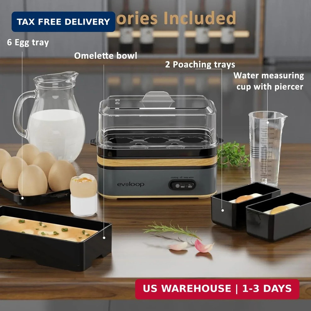 Evoloop Rapid Egg Cooker Electric 6 Eggs Capacity, Soft, Medium, Hard Boiled, Po