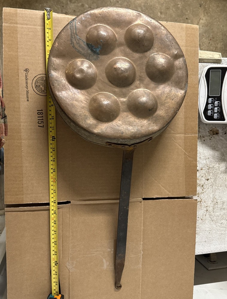 Copper Tin Aebleskiver Egg Pastry Pan Danish Wrought Iron Handle 13” Dia Pan