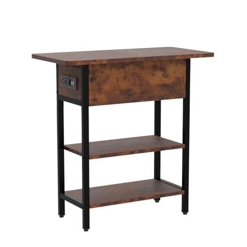 End Table with Charging Station, Flip Top Side Table with USB Berry Brown