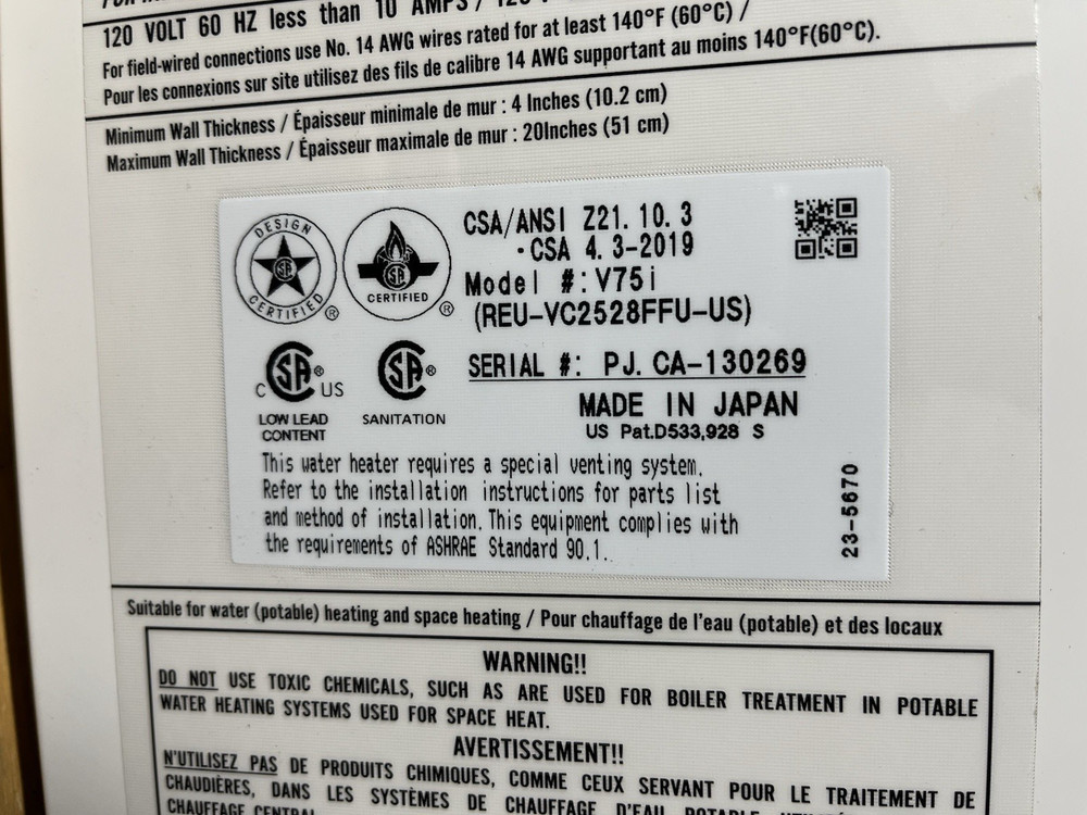 Rinnai V75iN Indoor Tankless Water Heater 180k BTU Natural Gas (B-19 #1670)