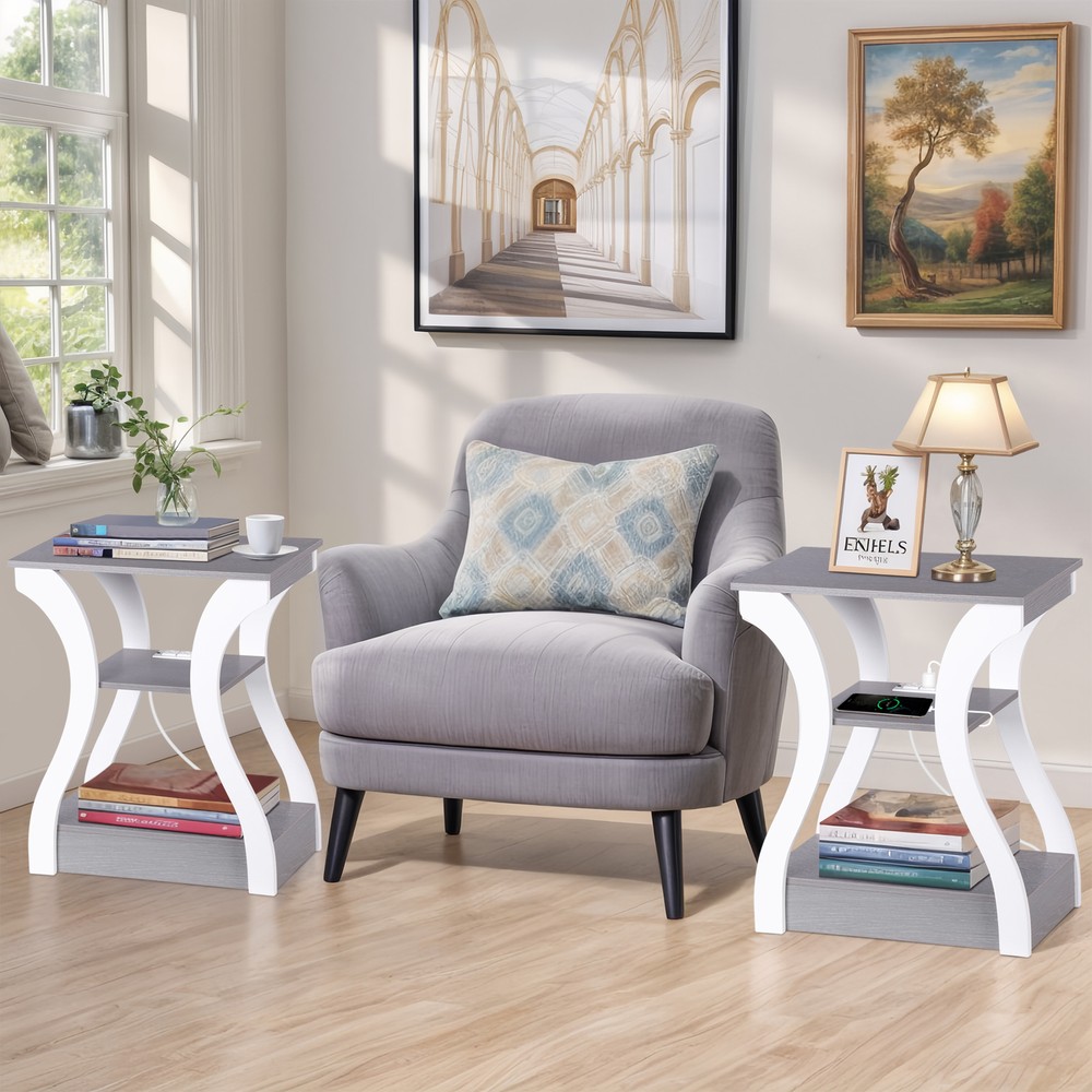 Grey End Tables With Charging Station Three Tier Storage Durable Engineered Wood