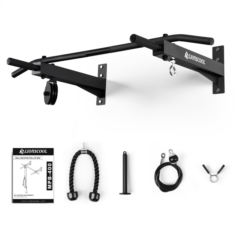 LIONSCOOL Multifunctional Wall Mounted Pull Up Bar with Pulley System (16"/24...