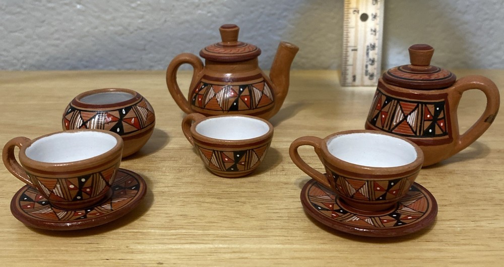 Cusco Peruvian 2” Miniature Clay Hand Decorated Glazed Tea Coffee Set 10 Pieces