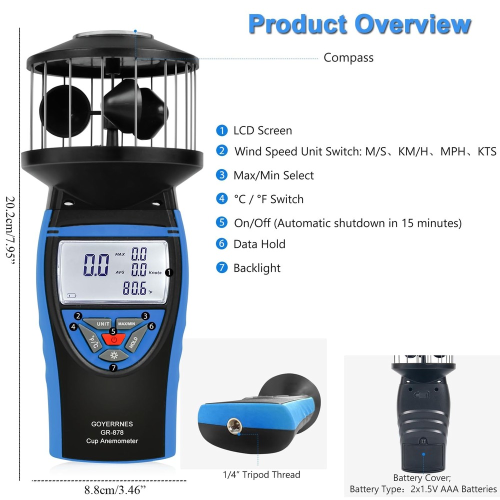 Handheld Cup Anemometer with Compass, 93MPH Digital Wind Speed Meter, CFM Air...