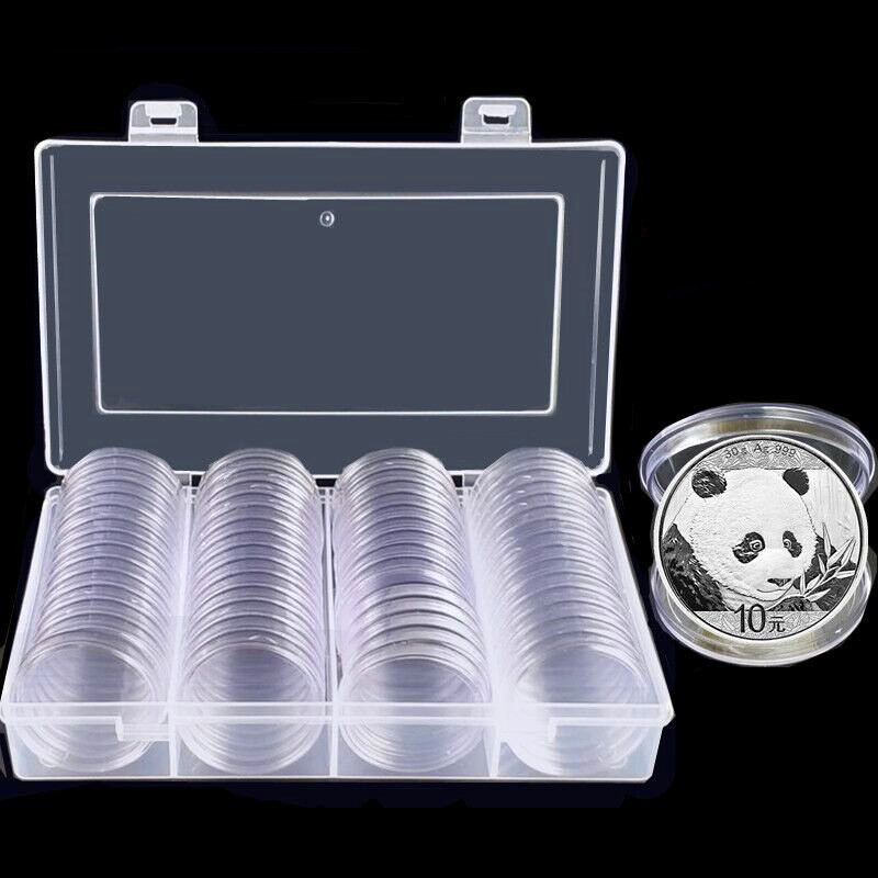 60Pcs 40mm Clear Round Plastic Coin Capsules with Plastic Storage Box Case