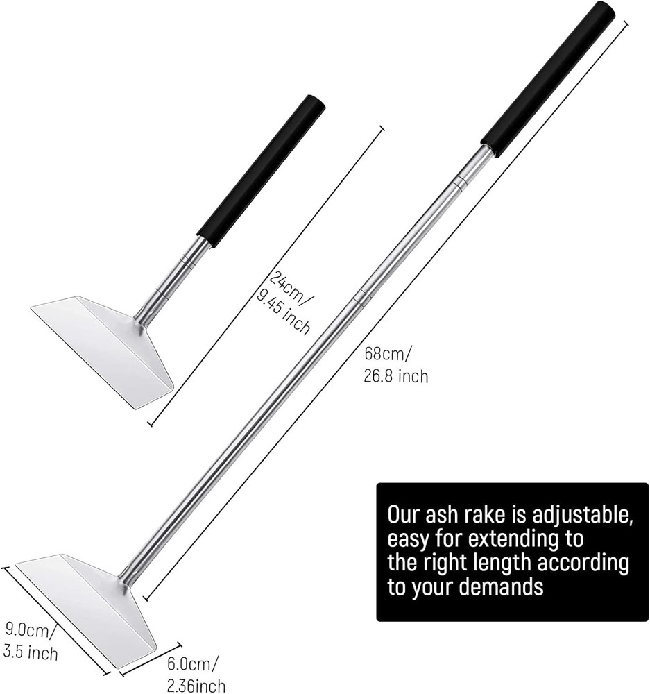 26.8 Extendable BBQ Ash Tool Stainless Steel Charcoal Rake Silver