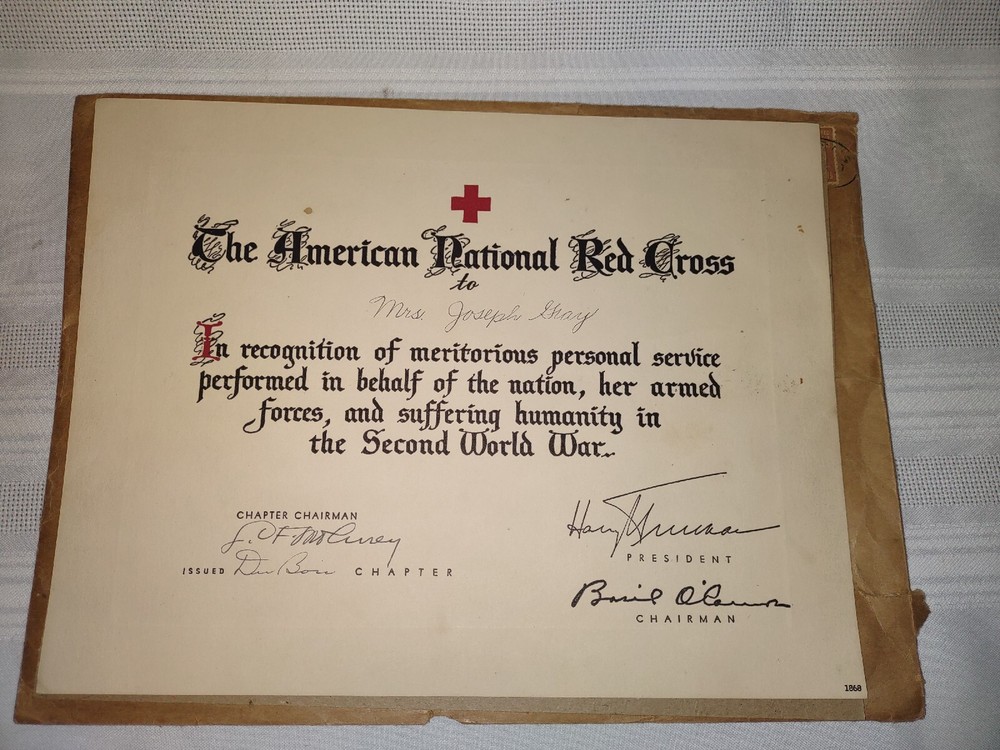 1946 The American Red Cross Recognition Certificate WWll