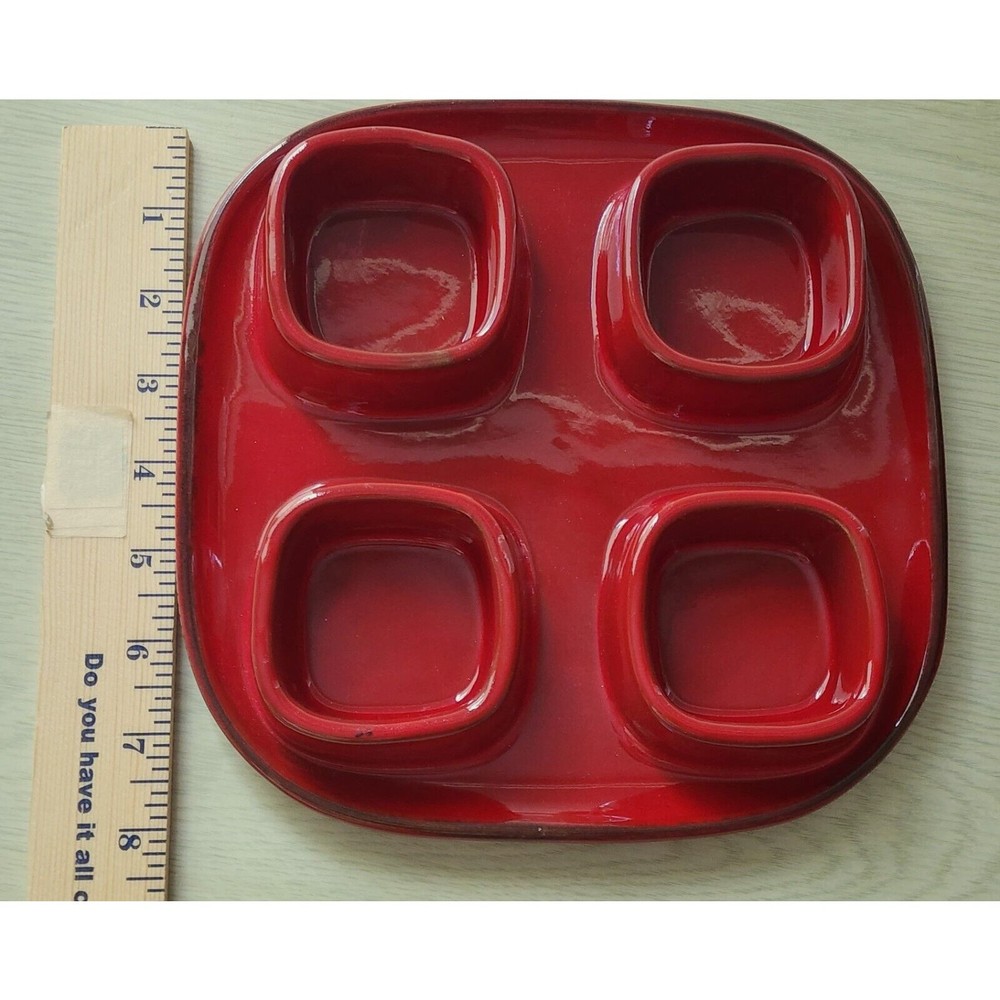 Condiment Server-Pottery Barn-4 Sections-Forks-Burgundy/Red-Square Server