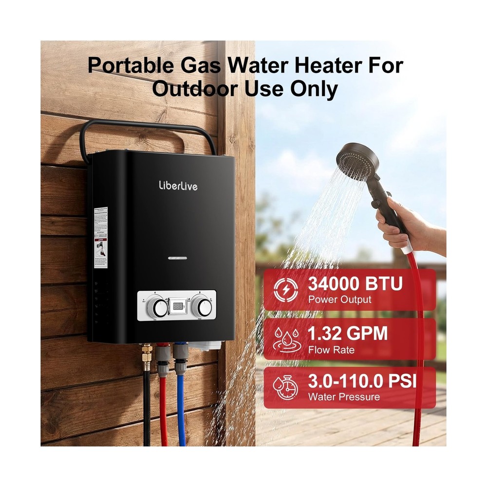Propane Tankless Water Heater, 5L 1.32 GPM Outdoor Portable Gas Instant Hot W...
