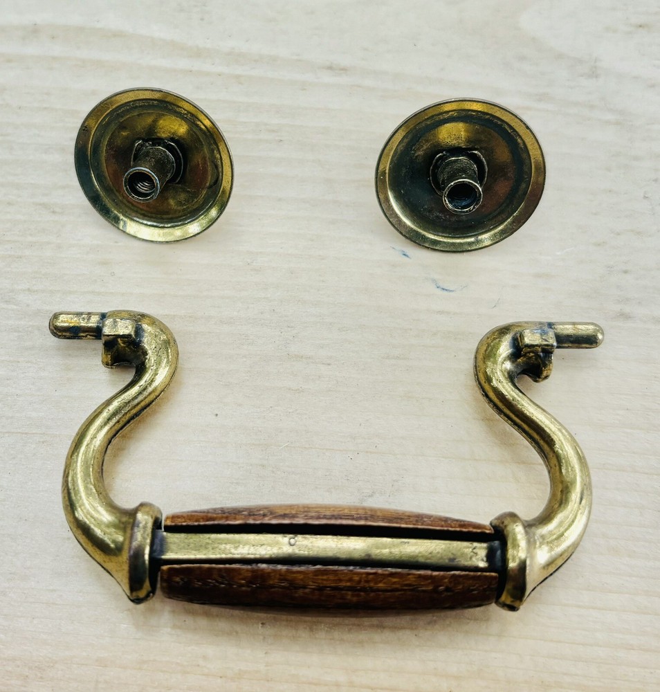 Chippendale Antique Hardware Bail Drawer Pull Brass &Oak Swan Neck 3”centers