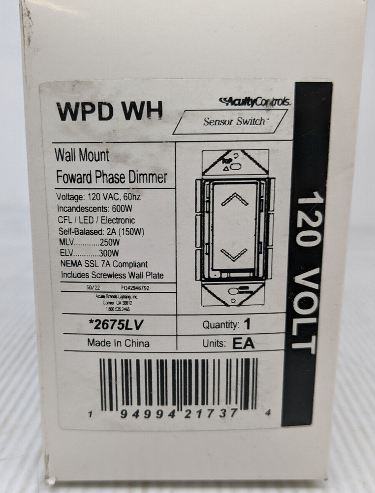 Aculty Controls Sensor Switch WPD WH Wall Mount Foward Phase Dimmer 2675LV