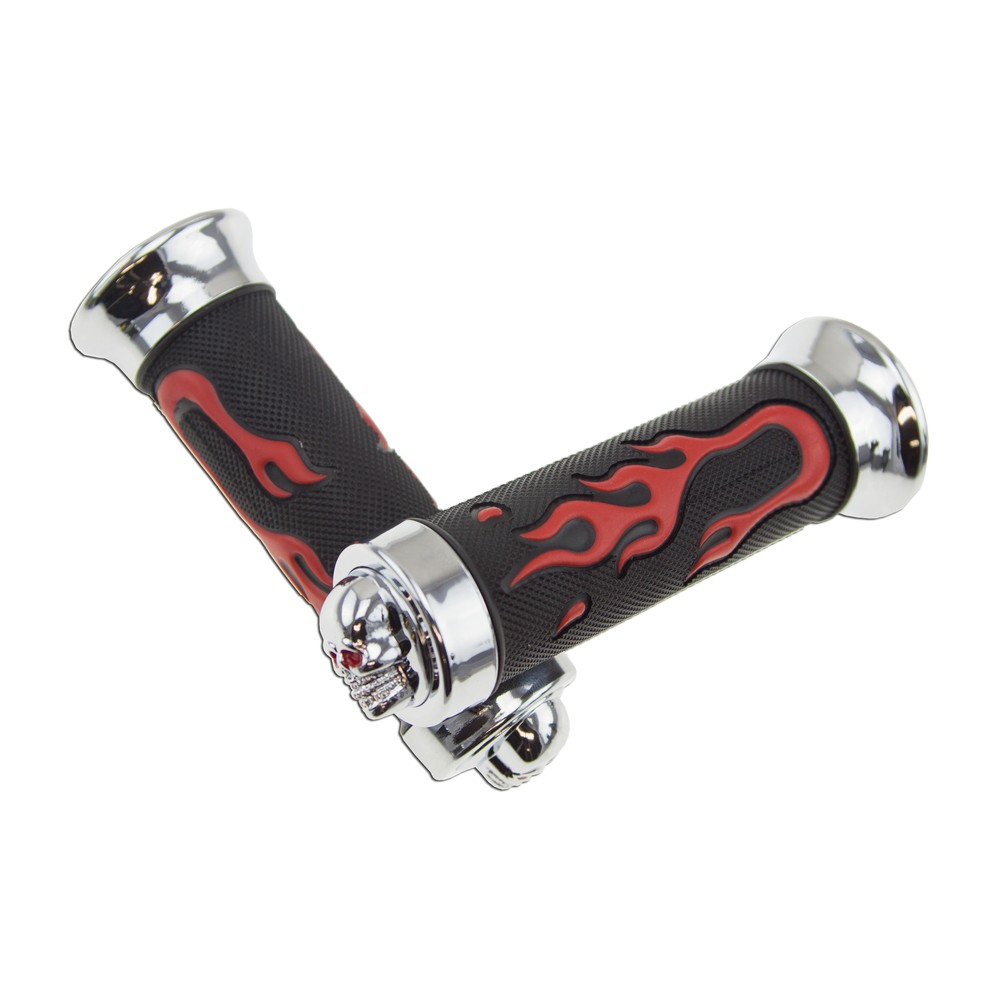 Handle Bar Left Right Front Red Universal Skull Flame Hand Grip 7/8" Rubber
