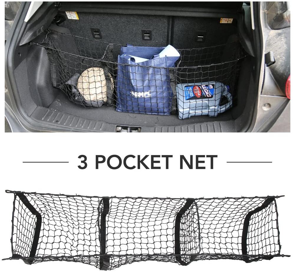 Stretchable Black Mesh 3 Pocket Trunk Cargo Organizer Bin Bag Storage Net Holder