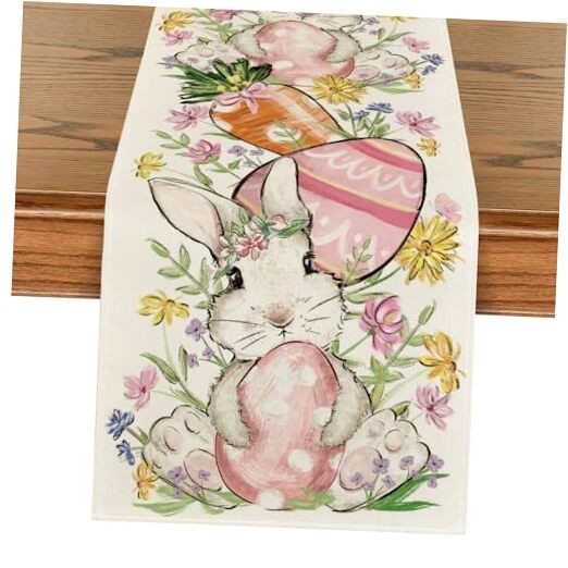 Bunny Rabbit Egg Flower Easter Table Runner, 13" x 72", Table Runner Beige