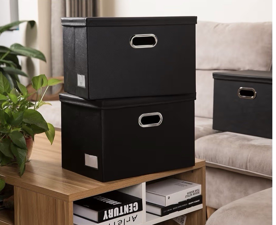 3 Pack Collapsible Storage Bins with Lids Leather Fabric Foldable Storage Boxes