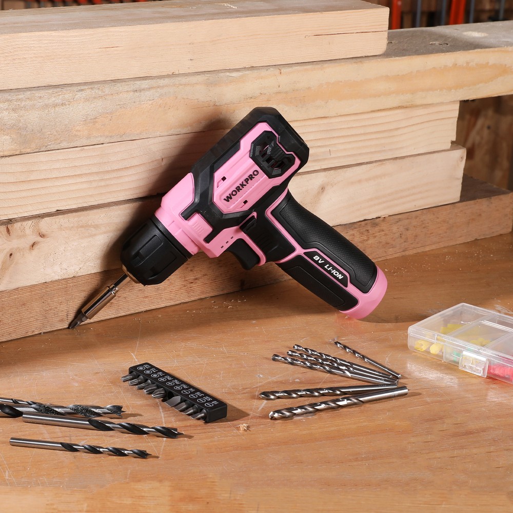 WORKPRO Pink 8V Power Drill Set with 53pcs Bit Set with 3/8" Keyless Chuck