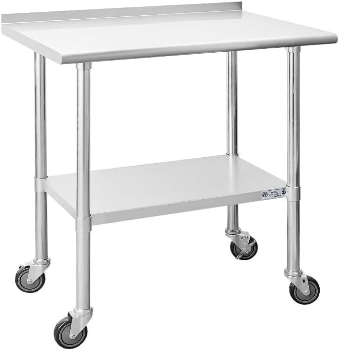 Stainless Steel Kitchen Restaurant Prep Work Table with 4 Wheels and Backsplash
