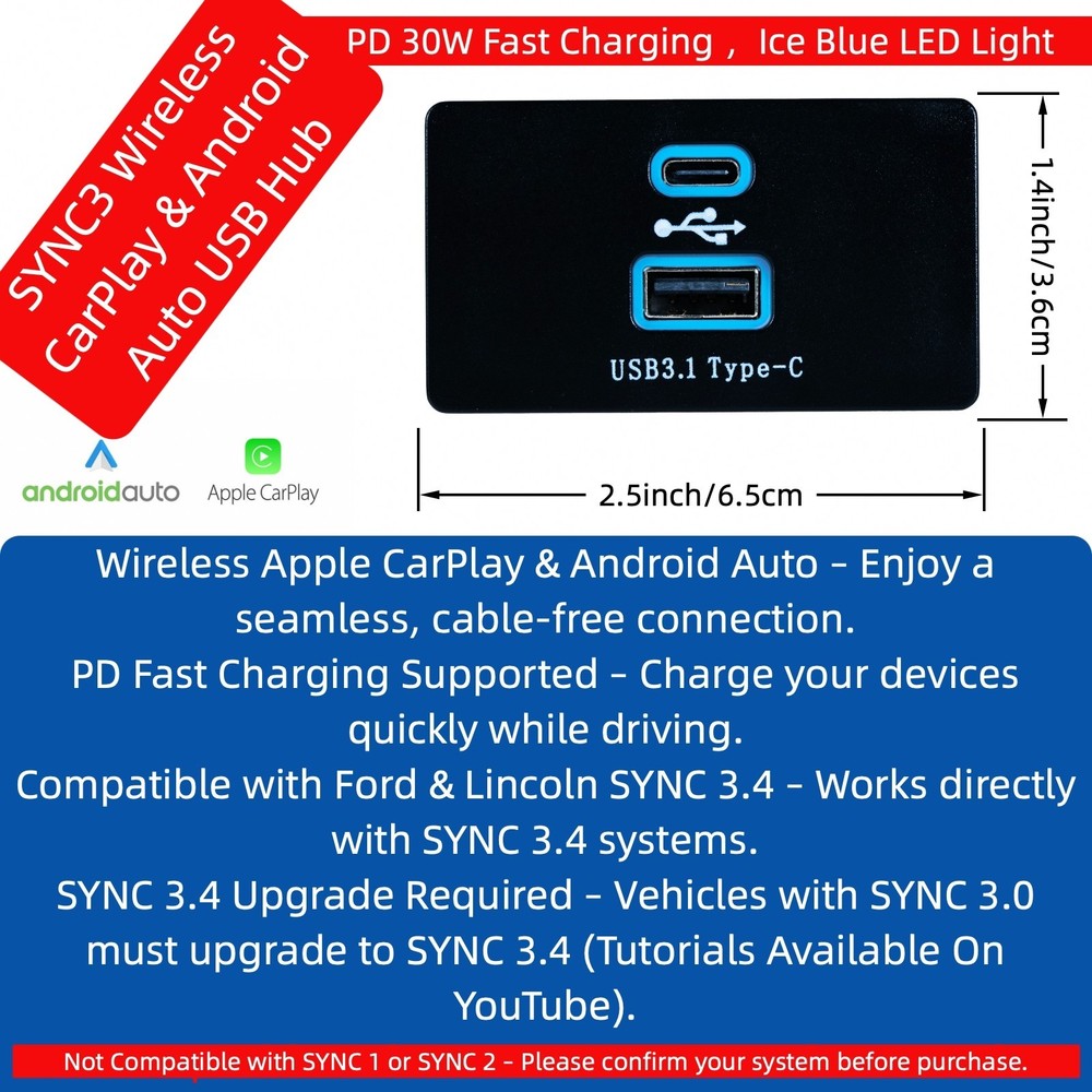 For SYNC 3 Ford Multimedia Module Interface Hub 19A387 Upgraded Version Ice blue
