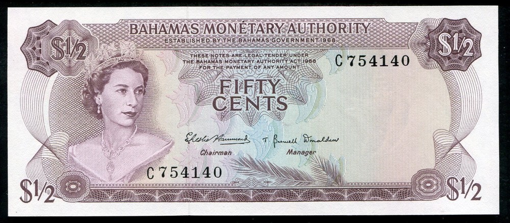 PICK# 26a 1968 $1/2 DOLLAR BAHAMAS MONETARY AUTHORITY BANKNOTE GEM UNC