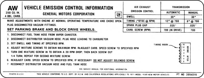 1971 Camaro Z28 350CI 4-BBL Carb Emissions Decal (Code "AW")