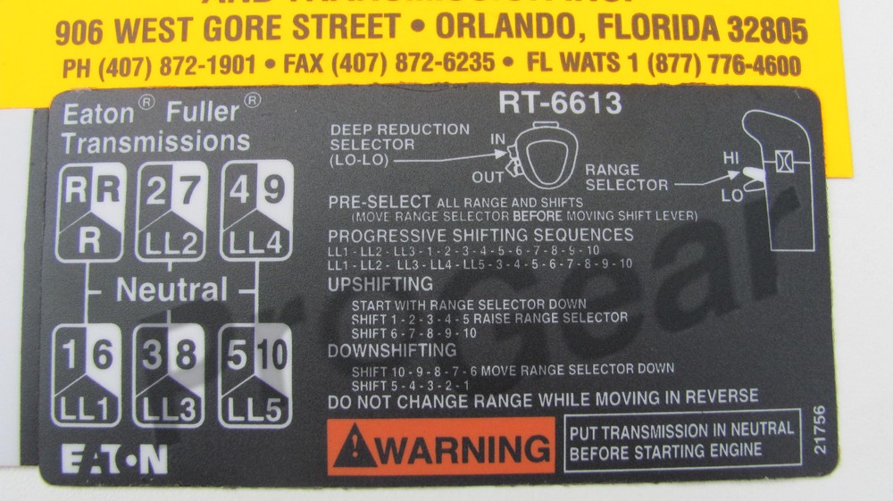 Fuller transmission 13 speed RT6613 shift pattern RT613 21756